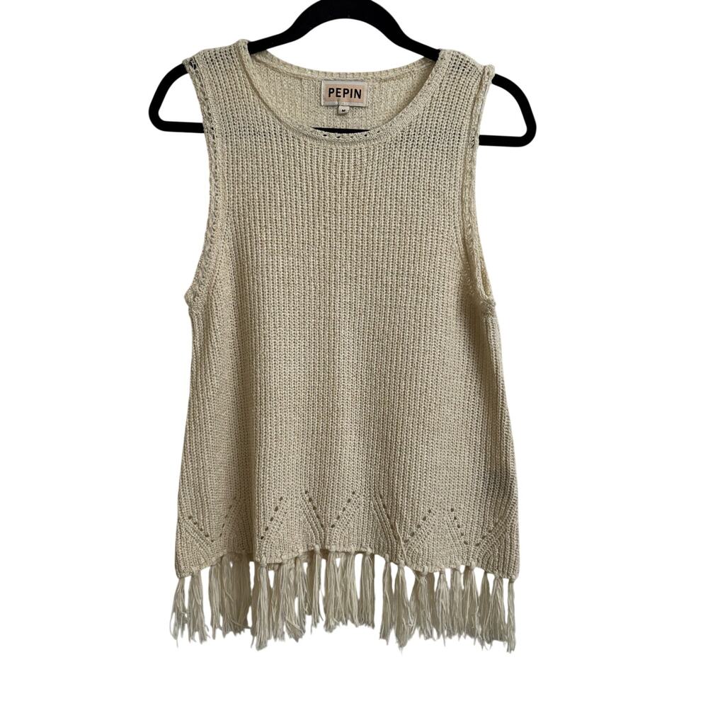 PEPIN Sleeveless Fringe Boho Knit Acrylic Blend Ivory Top Medium